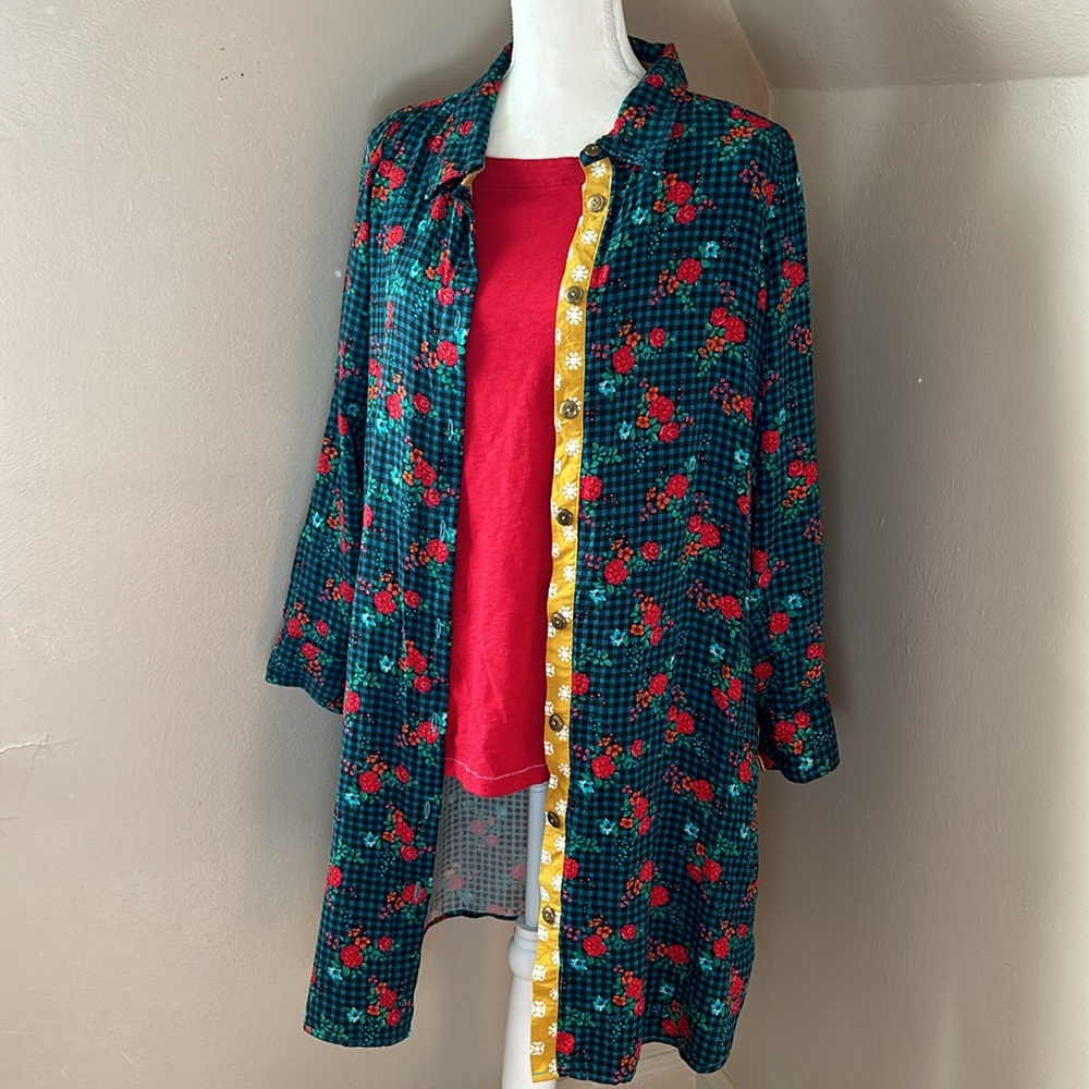 Matilda Jane checkered floral print dress/ long tunic. Blue, red, gold. Boho